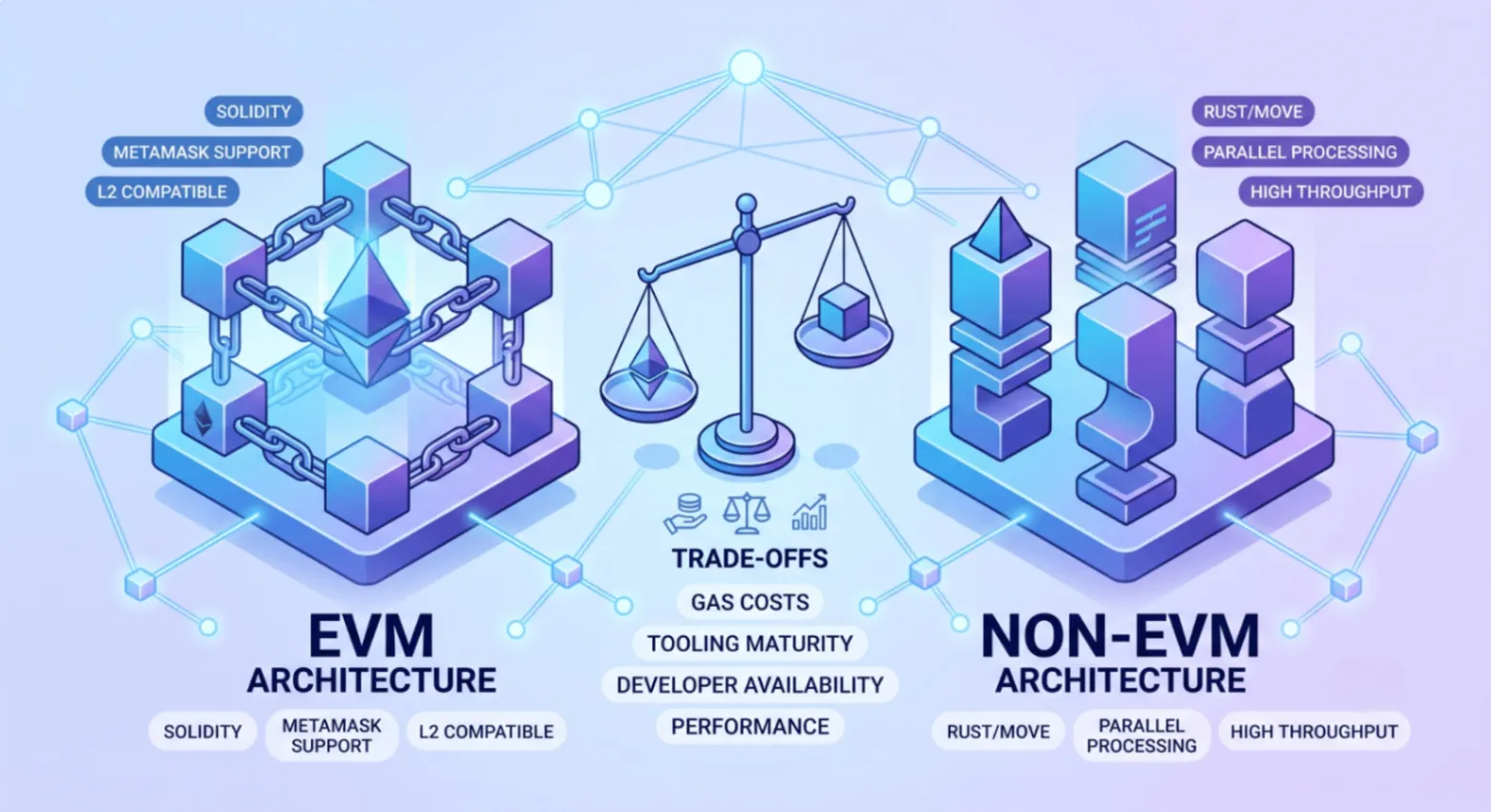 EVM vs non-EVM blockchain smart contract development architecture trade-offs